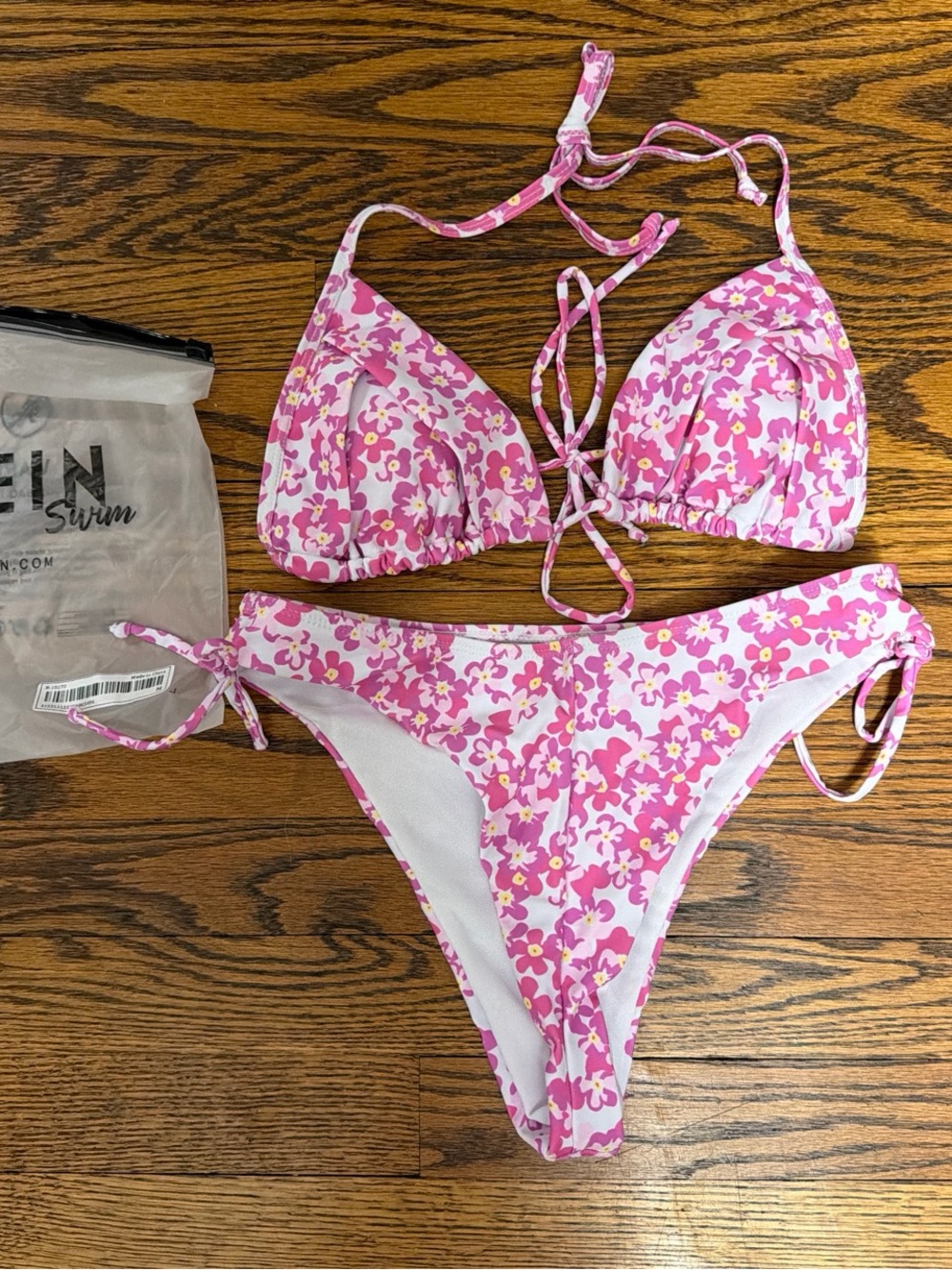 SHEIN Pink Floral Tie-Side Bikini Set